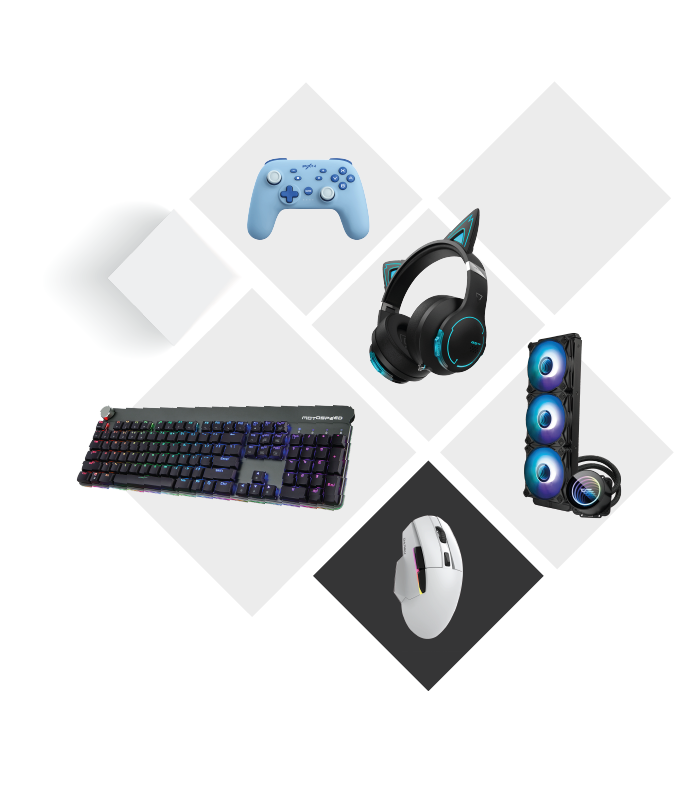 Image with rhombuses containing various devices including a keyboard, mouse, speaker, headphones and pad.