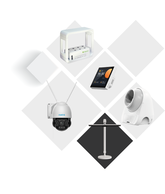 Image with rhombuses containing various devices including a camera, a smart pot, a litter box, a desk lamp, and a wall switch.